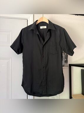 BUCK MASON black cotton rayon short sleeve button up shirt